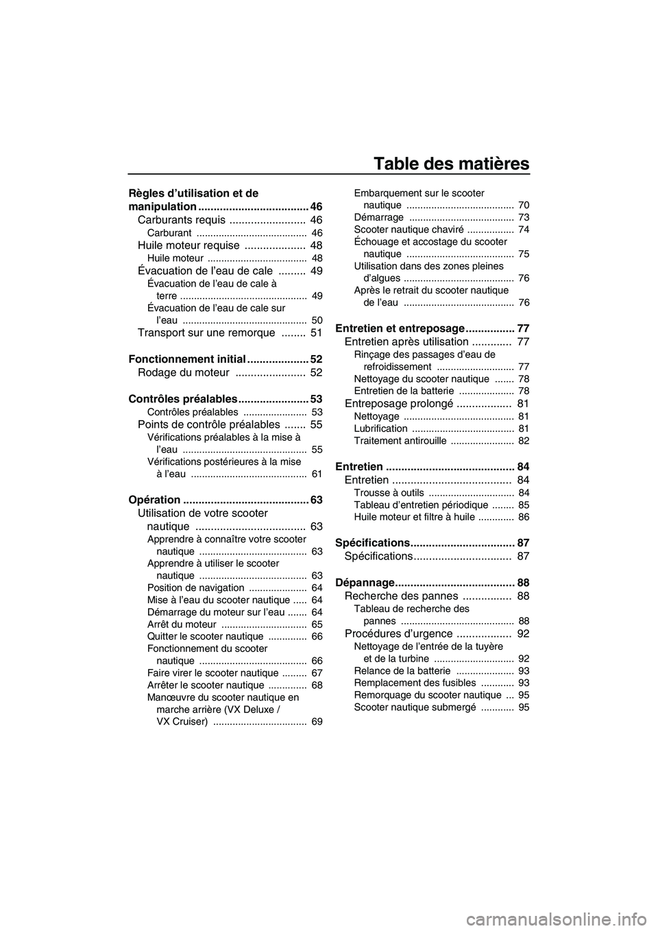 YAMAHA VX SPORT 2013  Notices Demploi (in French) Table des matières
Règles d’utilisation et de 
manipulation .................................... 46Carburants requis .........................  46
Carburant .......................................