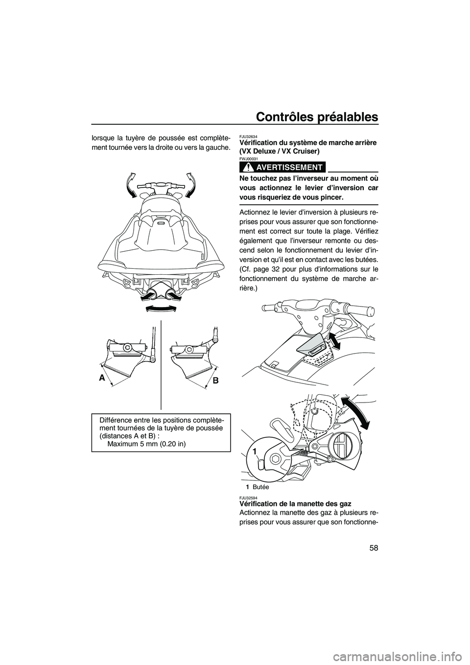 YAMAHA VX DELUXE 2013 Notices Demploi (in French) Contrôles préalables
58
lorsque la tuyère de poussée est complète-
ment tournée vers la droite ou vers la gauche.FJU32634Vérification du système de marche arrière
(VX Deluxe / VX Cruiser)
A YAMAHA VX DELUXE 2013 Notices Demploi (in French) Contrôles préalables
58
lorsque la tuyère de poussée est complète-
ment tournée vers la droite ou vers la gauche.FJU32634Vérification du système de marche arrière
(VX Deluxe / VX Cruiser)
A