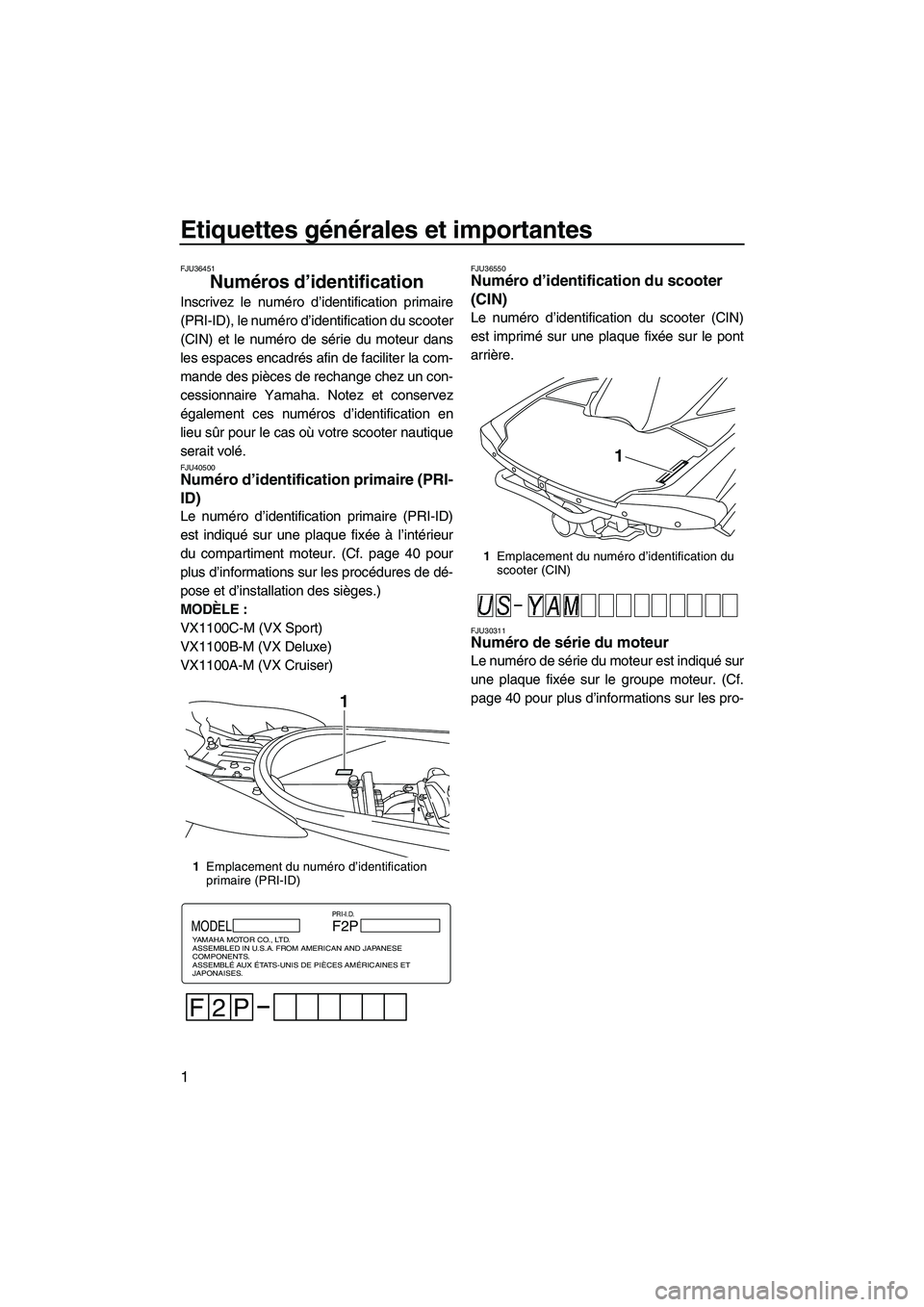 YAMAHA VX CRUISER 2013 Notices Demploi (in French) Etiquettes générales et importantes
1
FJU36451
Numéros d’identification
Inscrivez le numéro d’identification primaire
(PRI-ID), le numéro d’identification du scooter
(CIN) et le numéro de YAMAHA VX CRUISER 2013 Notices Demploi (in French) Etiquettes générales et importantes
1
FJU36451
Numéros d’identification
Inscrivez le numéro d’identification primaire
(PRI-ID), le numéro d’identification du scooter
(CIN) et le numéro de