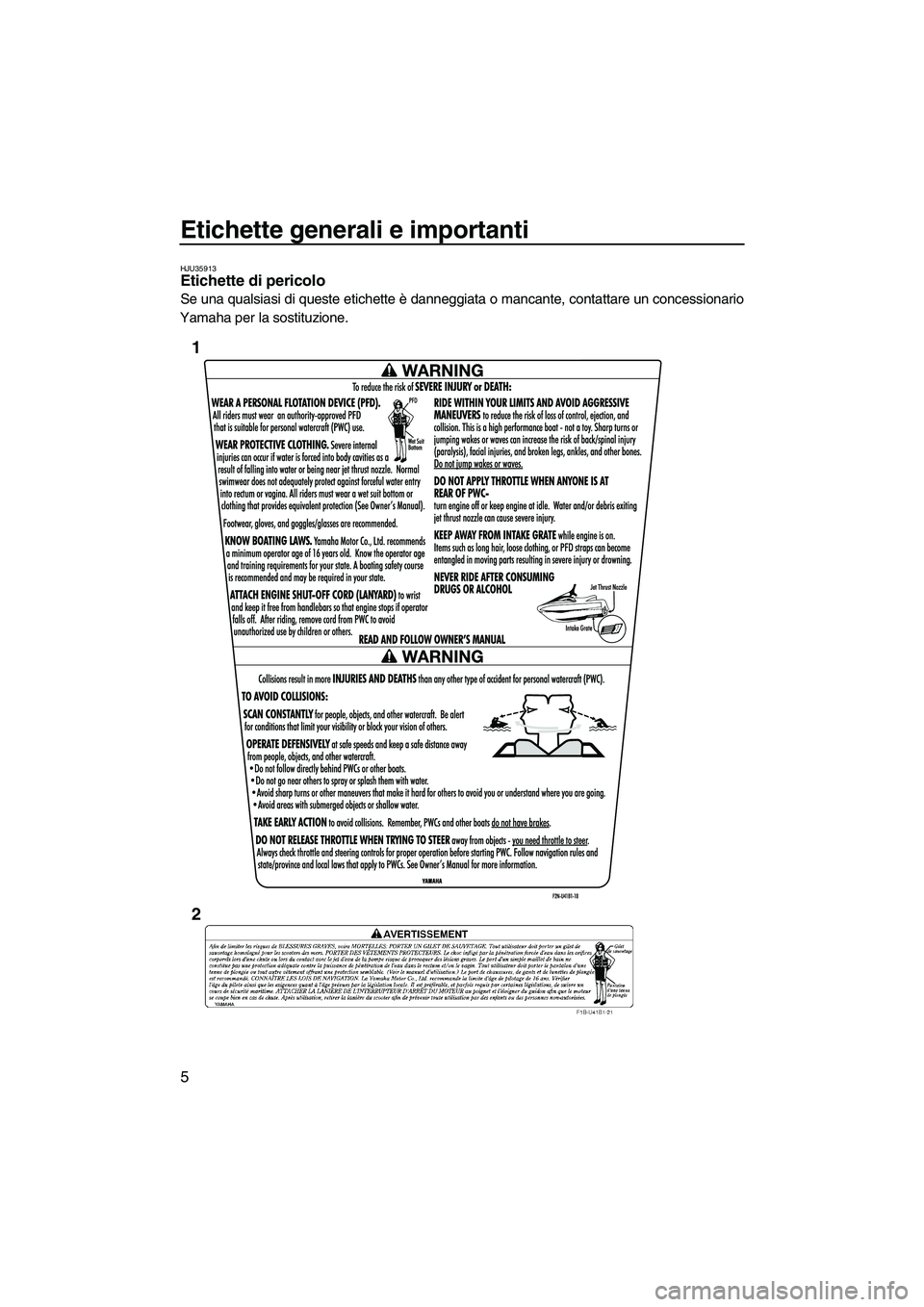YAMAHA VX DELUXE 2013 Manuale duso (in Italian) Etichette generali e importanti
5
HJU35913Etichette di pericolo
Se una qualsiasi di queste etichette è danneggiata o mancante, contattare un concessionario
Yamaha per la sostituzione.
1
2
UF2P70H0.b YAMAHA VX DELUXE 2013 Manuale duso (in Italian) Etichette generali e importanti
5
HJU35913Etichette di pericolo
Se una qualsiasi di queste etichette è danneggiata o mancante, contattare un concessionario
Yamaha per la sostituzione.
1
2
UF2P70H0.b