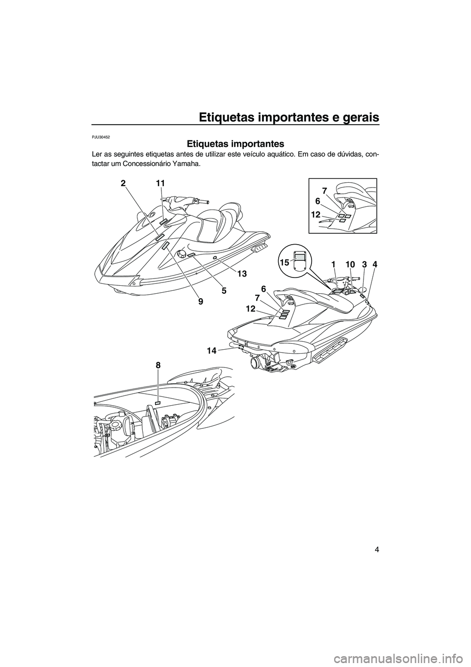 YAMAHA VX SPORT 2013 Manual de utilização (in Portuguese) Etiquetas importantes e gerais
4
PJU30452
Etiquetas importantes
Ler as seguintes etiquetas antes de utilizar este veículo aquático. Em caso de dúvidas, con-
tactar um Concessionário Yamaha.
2
14
YAMAHA VX SPORT 2013 Manual de utilização (in Portuguese) Etiquetas importantes e gerais
4
PJU30452
Etiquetas importantes
Ler as seguintes etiquetas antes de utilizar este veículo aquático. Em caso de dúvidas, con-
tactar um Concessionário Yamaha.
2
14
