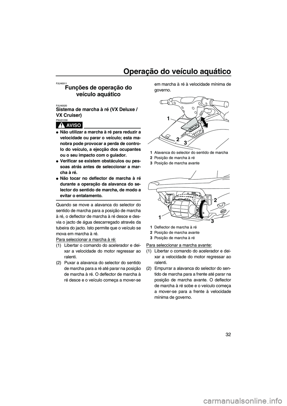 YAMAHA VX SPORT 2013 Manual de utilização (in Portuguese) Operação do veículo aquático
32
PJU40011
Funções de operação do veículo aquático
PJU40520Sistema de marcha à ré (VX Deluxe /
VX Cruiser)
AV I S O
PWJ01230
●Não utilizar a marcha à YAMAHA VX SPORT 2013 Manual de utilização (in Portuguese) Operação do veículo aquático
32
PJU40011
Funções de operação do veículo aquático
PJU40520Sistema de marcha à ré (VX Deluxe /
VX Cruiser)
AV I S O
PWJ01230
●Não utilizar a marcha à
