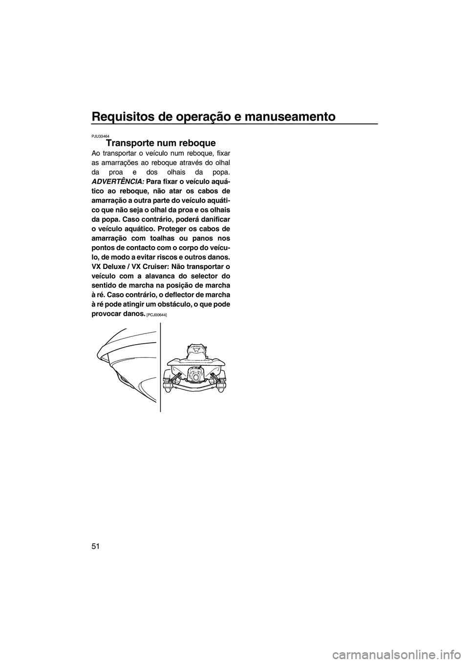 YAMAHA VX SPORT 2013  Manual de utilização (in Portuguese) Requisitos de operação e manuseamento
51
PJU33464
Transporte num reboque 
Ao transportar o veículo num reboque, fixar
as amarrações ao reboque através do olhal
da proa e dos olhais da popa.
ADVE