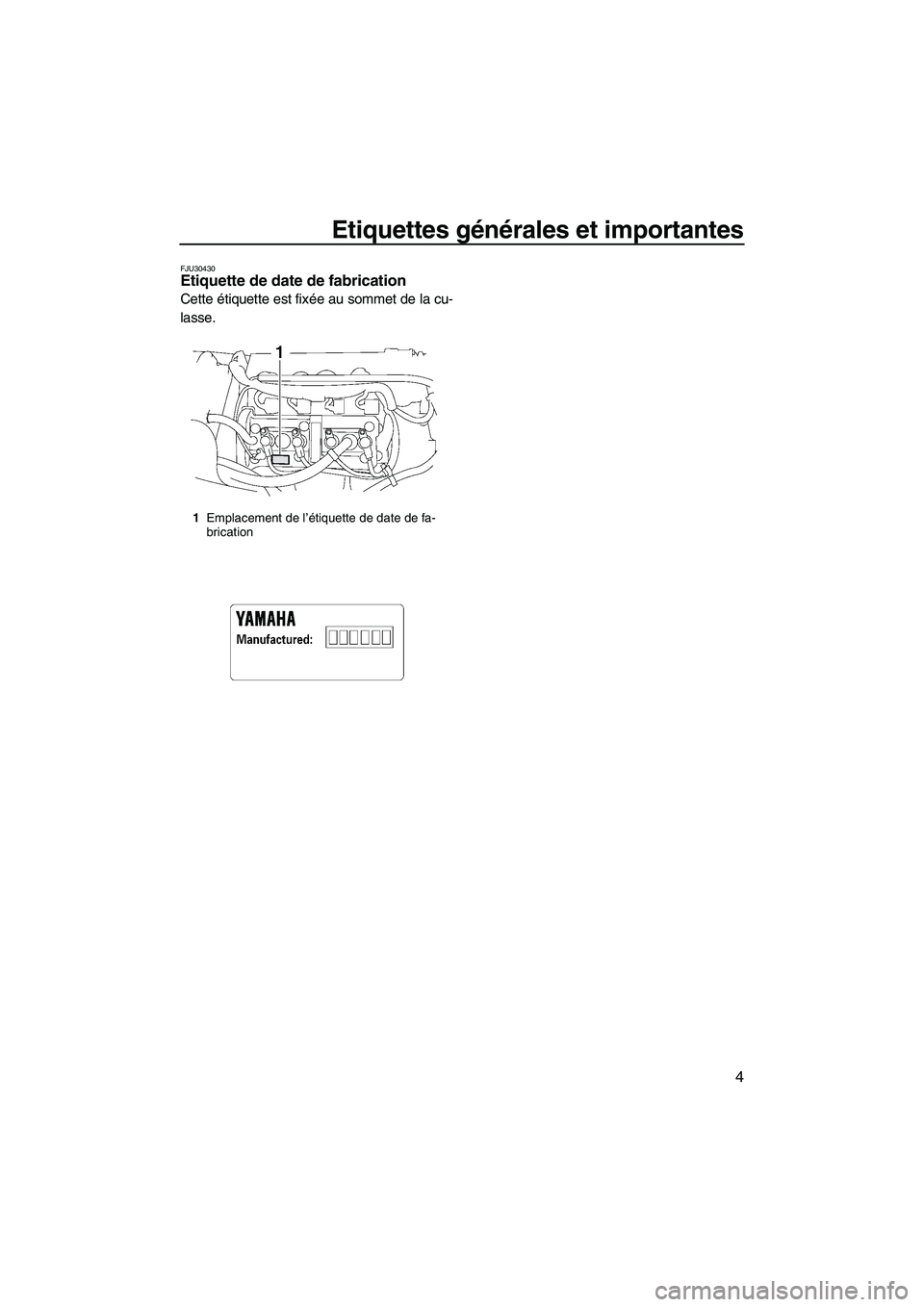 YAMAHA VX SPORT 2007  Notices Demploi (in French) Etiquettes générales et importantes
4
FJU30430Etiquette de date de fabrication 
Cette étiquette est fixée au sommet de la cu-
lasse.
1Emplacement de l’étiquette de date de fa-
brication
UF1K72F
