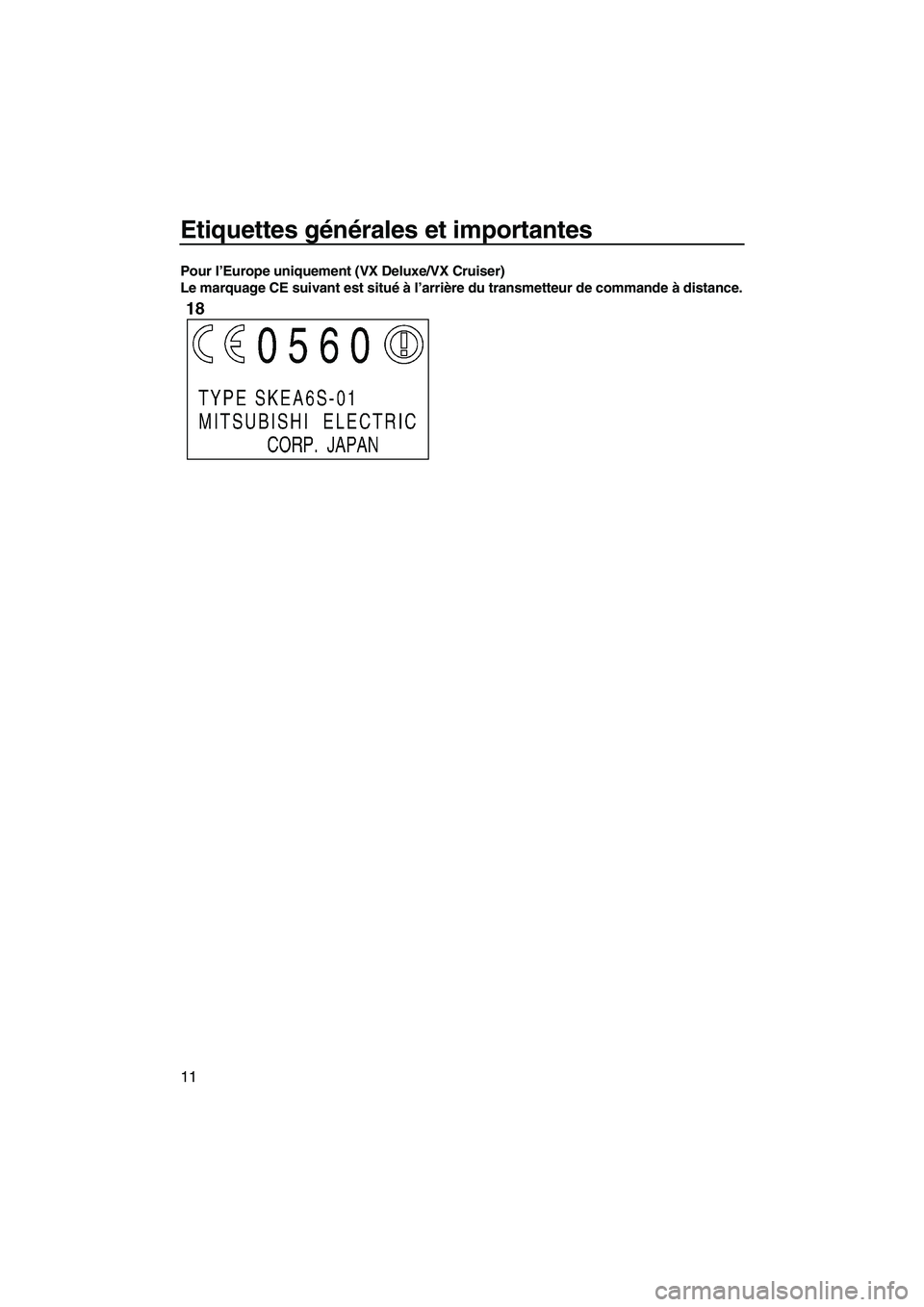 YAMAHA VX SPORT 2007  Notices Demploi (in French) Etiquettes générales et importantes
11
Pour l’Europe uniquement (VX Deluxe/VX Cruiser)
Le marquage CE suivant est situé à l’arrière du transmetteur de commande à distance.
UF1K72F0.book  Pag