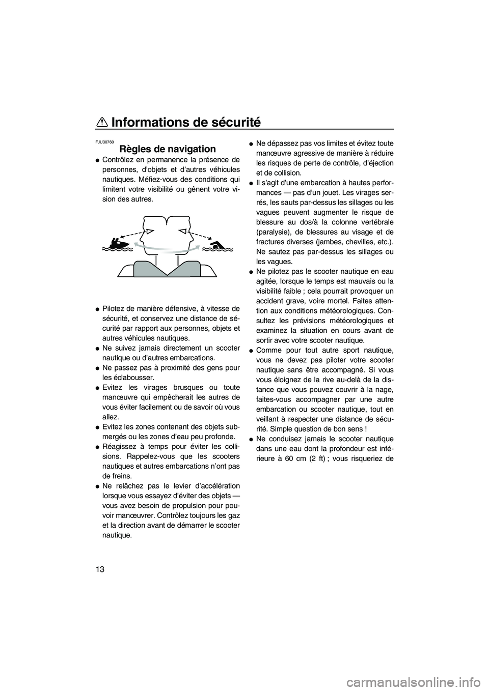 YAMAHA VX SPORT 2007  Notices Demploi (in French) Informations de sécurité
13
FJU30760
Règles de navigation 
Contrôlez en permanence la présence de
personnes, d’objets et d’autres véhicules
nautiques. Méfiez-vous des conditions qui
limite