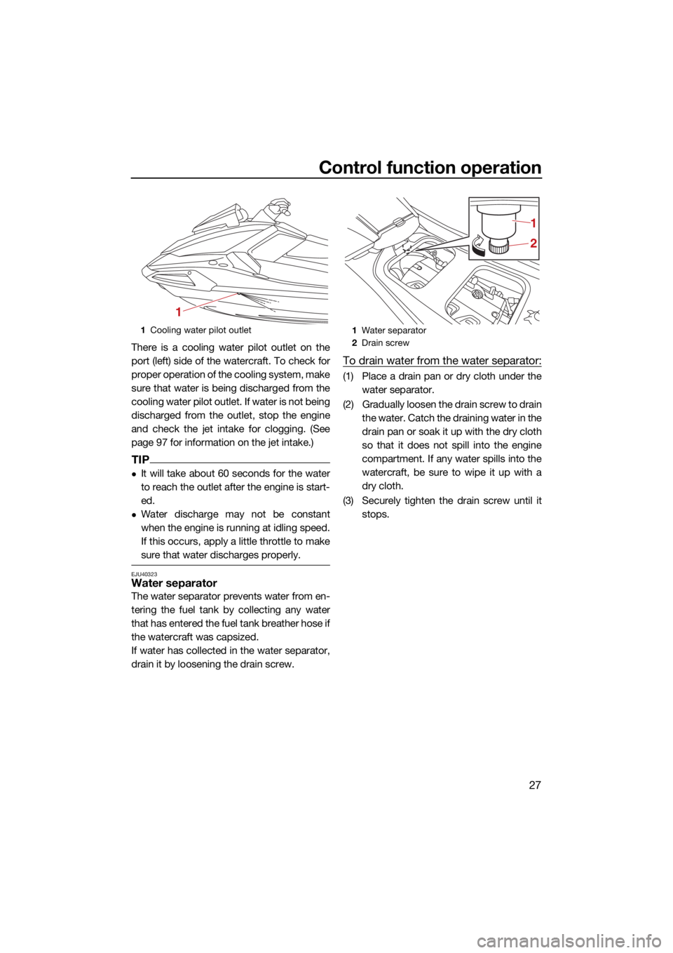 YAMAHA VX LIMITED HO 2022  Owners Manual Control function operation
27
There is a cooling water pilot outlet on the
port (left) side of the watercraft. To check for
proper operation of the cooling system, make
sure that water is being discha