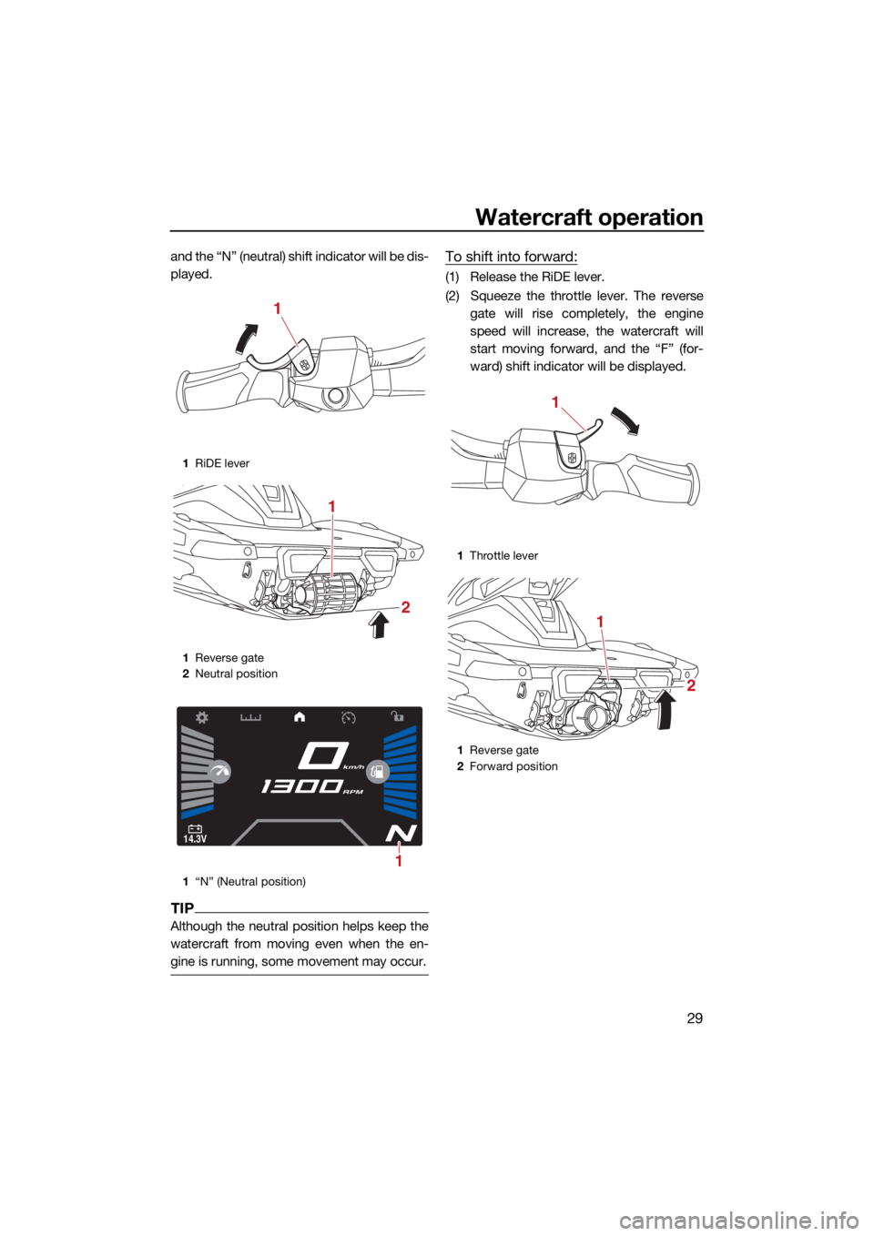 YAMAHA VX LIMITED HO 2022 Owners Guide Watercraft operation
29
and the “N” (neutral) shift indicator will be dis-
played.
TIP
Although the neutral position helps keep the
watercraft from moving even when the en-
gine is running, some m YAMAHA VX LIMITED HO 2022 Owners Guide Watercraft operation
29
and the “N” (neutral) shift indicator will be dis-
played.
TIP
Although the neutral position helps keep the
watercraft from moving even when the en-
gine is running, some m