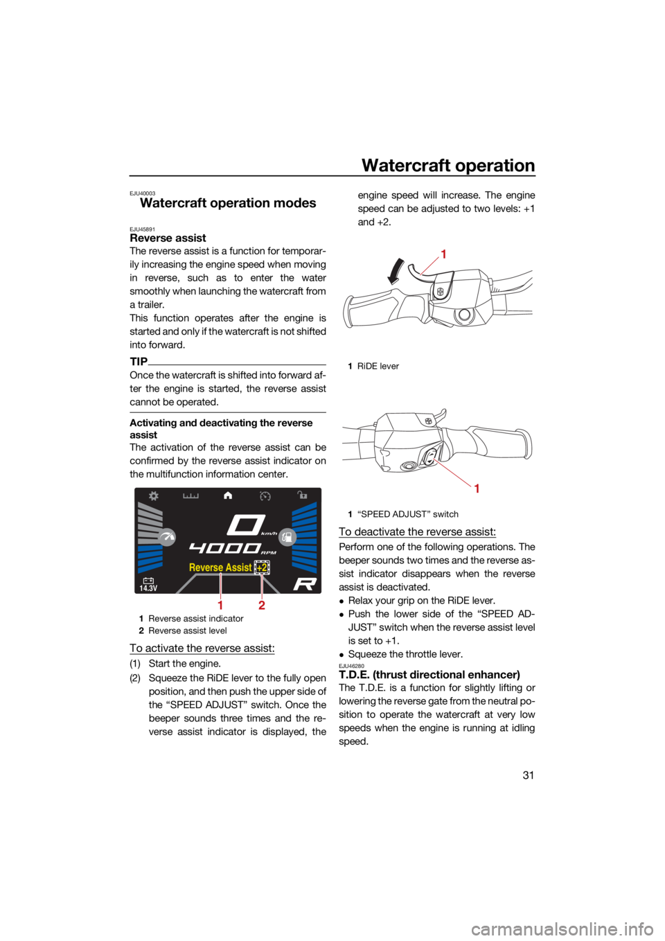 YAMAHA VX LIMITED HO 2022 Owners Guide Watercraft operation
31
EJU40003
Watercraft operation modes
EJU45891Reverse assist
The reverse assist is a function for temporar-
ily increasing the engine speed when moving
in reverse, such as to ent YAMAHA VX LIMITED HO 2022 Owners Guide Watercraft operation
31
EJU40003
Watercraft operation modes
EJU45891Reverse assist
The reverse assist is a function for temporar-
ily increasing the engine speed when moving
in reverse, such as to ent