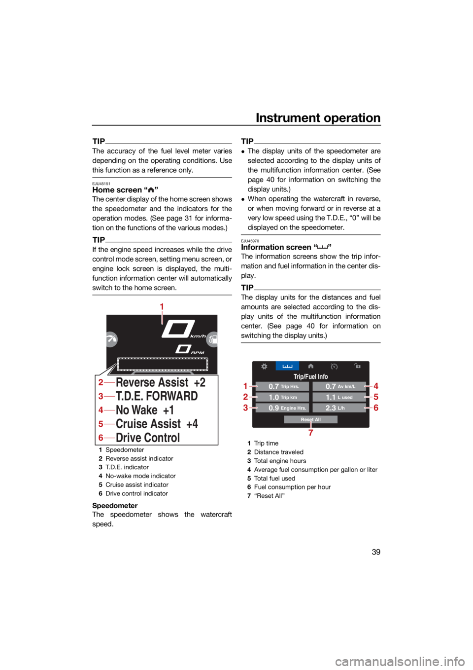 YAMAHA VX LIMITED HO 2022 Service Manual Instrument operation
39
TIP
The accuracy of the fuel level meter varies
depending on the operating conditions. Use
this function as a reference only.
EJU45151Home screen “ ”
The center display of YAMAHA VX LIMITED HO 2022 Service Manual Instrument operation
39
TIP
The accuracy of the fuel level meter varies
depending on the operating conditions. Use
this function as a reference only.
EJU45151Home screen “ ”
The center display of
