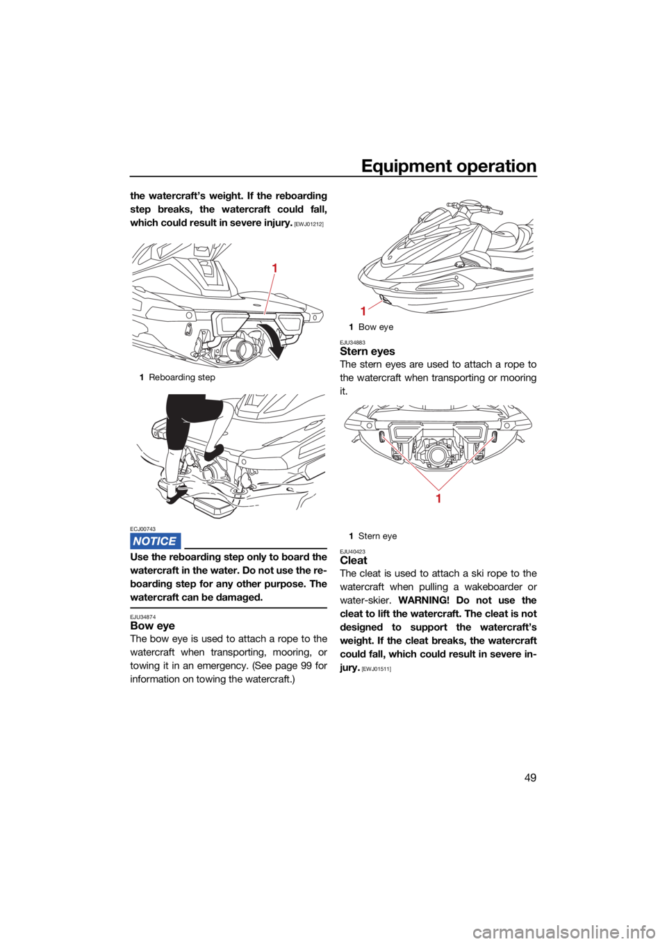 YAMAHA VX LIMITED HO 2022 Workshop Manual Equipment operation
49
the watercraft’s weight. If the reboarding
step breaks, the watercraft could fall,
which could result in severe injury.
 [EWJ01212]
ECJ00743
Use the reboarding step only to bo