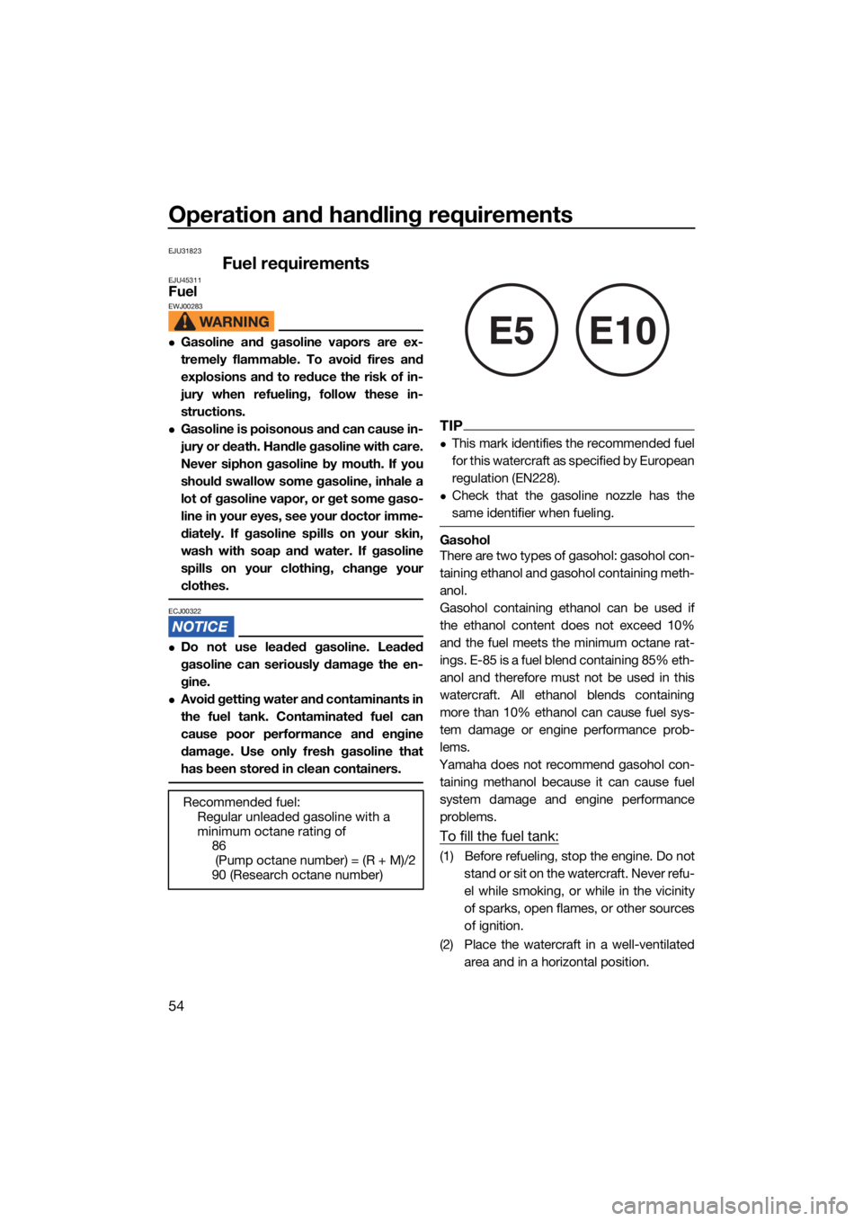 YAMAHA VX LIMITED HO 2022 Repair Manual Operation and handling requirements
54
EJU31823
Fuel requirementsEJU45311FuelEWJ00283
Gasoline and gasoline vapors are ex-
tremely flammable. To avoid fires and
explosions and to reduce the risk of