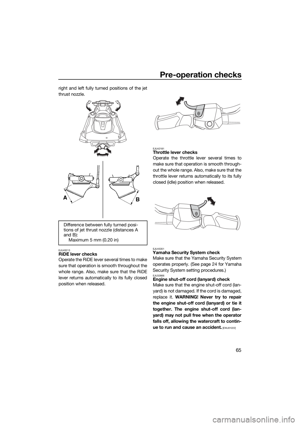 YAMAHA VX LIMITED HO 2022 Manual PDF Pre-operation checks
65
right and left fully turned positions of the jet
thrust nozzle.
EJU43213RiDE lever checks 
Operate the RiDE lever several times to make
sure that operation is smooth throughout