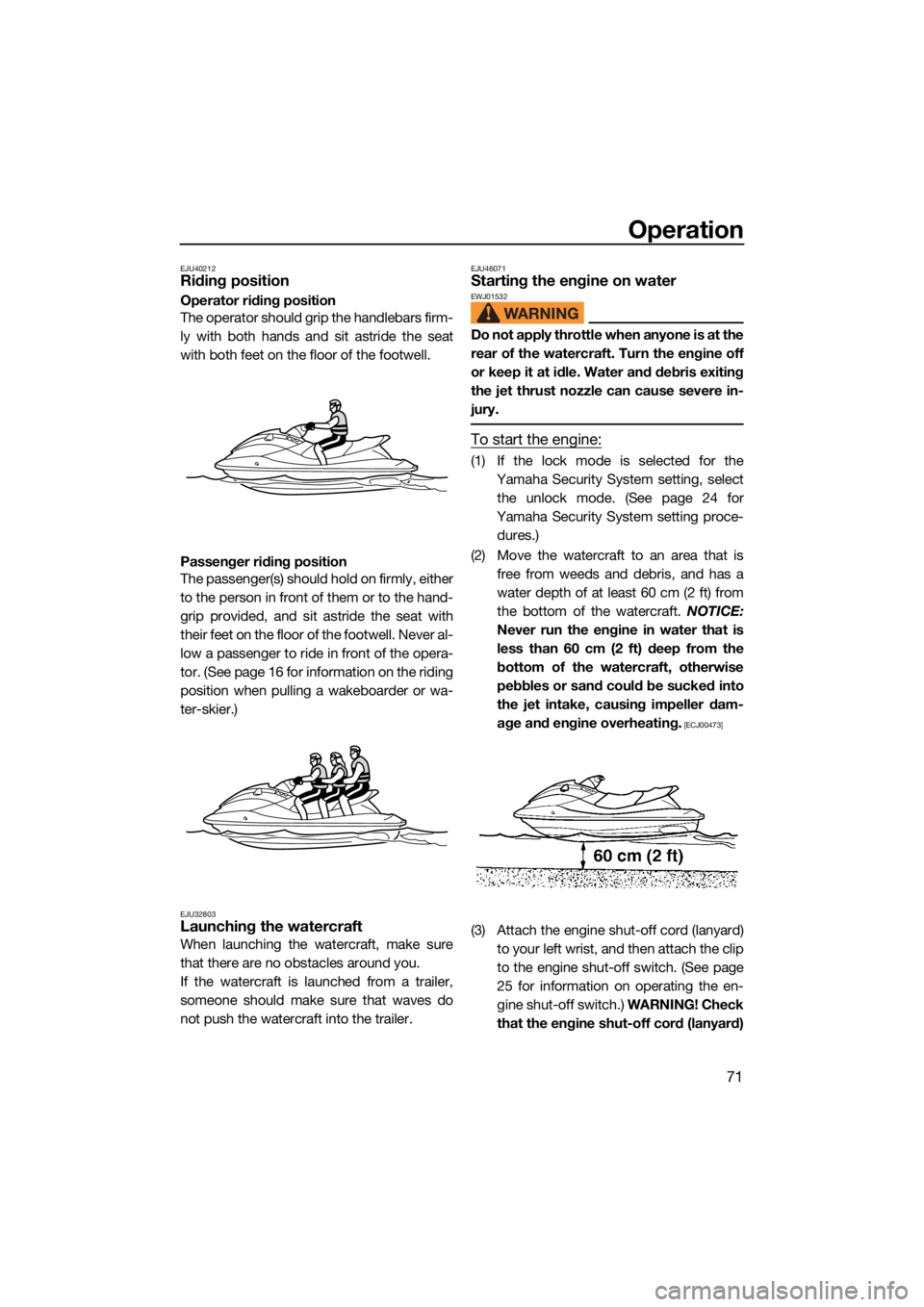 YAMAHA VX LIMITED HO 2022 Manual PDF Operation
71
EJU40212Riding position
Operator riding position
The operator should grip the handlebars firm-
ly with both hands and sit astride the seat
with both feet on the floor of the footwell.
Pas