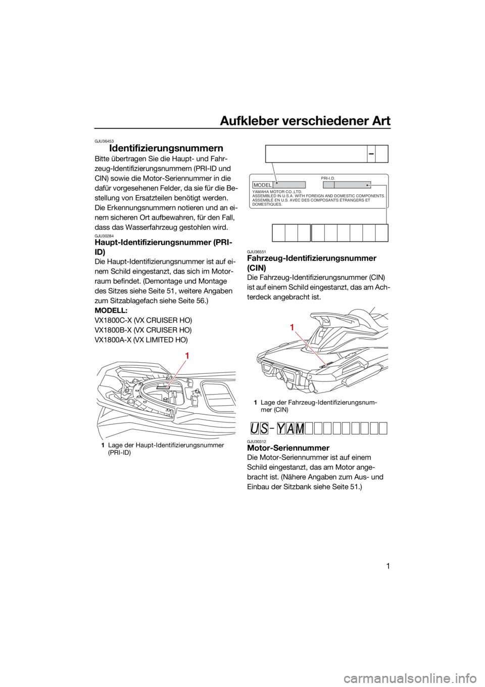 YAMAHA VX CRUISER HO 2022 Betriebsanleitungen (in German) Aufkleber verschiedener Art
1
GJU36453
Identifizierungsnummern
Bitte übertragen Sie die Haupt- und Fahr-
zeug-Identifizierungsnummern (PRI-ID und
CIN) sowie die Motor-Seriennummer in die
dafür vor YAMAHA VX CRUISER HO 2022 Betriebsanleitungen (in German) Aufkleber verschiedener Art
1
GJU36453
Identifizierungsnummern
Bitte übertragen Sie die Haupt- und Fahr-
zeug-Identifizierungsnummern (PRI-ID und
CIN) sowie die Motor-Seriennummer in die
dafür vor