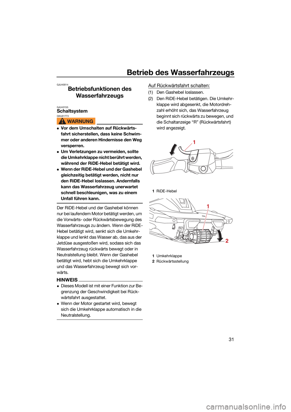 YAMAHA VX LIMITED HO 2022  Betriebsanleitungen (in German) Betrieb des Wasserfahrzeugs
31
GJU40014
Betriebsfunktionen des Wasserfahrzeugs
GJU43155Schaltsystem GWJ01773
Vor dem Umschalten auf Rückwärts-
fahrt sicherstellen, dass keine Schwim-
mer oder and