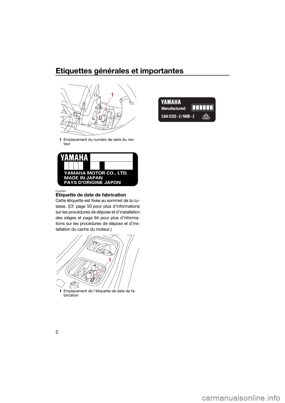 YAMAHA VX LIMITED HO 2022  Notices Demploi (in French) Etiquettes générales et importantes
2
FJU42031Etiquette de date de fabrication
Cette étiquette est fixée au sommet de la cu-
lasse. (Cf. page 50 pour plus d’informations
sur les procédures de d