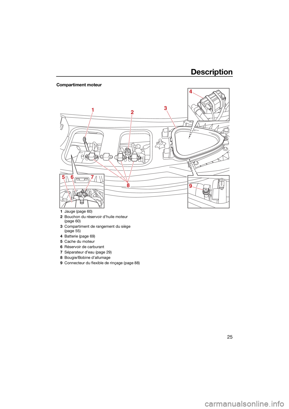 YAMAHA VX LIMITED HO 2022 Notices Demploi (in French) Description
25
Compartiment moteur
12
8
567 3
4
9
1
Jauge (page 60)
2 Bouchon du réservoir d’huile moteur
(page 60)
3 Compartiment de rangement du siège
(page 55)
4 Batterie (page 69)
5 Cache du YAMAHA VX LIMITED HO 2022 Notices Demploi (in French) Description
25
Compartiment moteur
12
8
567 3
4
9
1
Jauge (page 60)
2 Bouchon du réservoir d’huile moteur
(page 60)
3 Compartiment de rangement du siège
(page 55)
4 Batterie (page 69)
5 Cache du