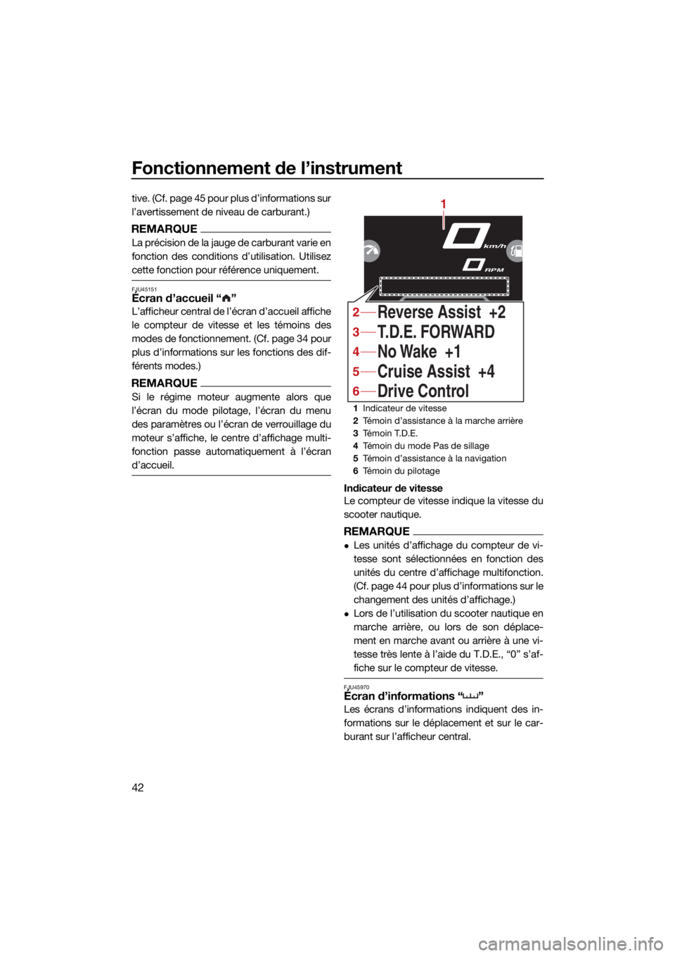 YAMAHA VX LIMITED HO 2022 Notices Demploi (in French) Fonctionnement de l’instrument
42
tive. (Cf. page 45 pour plus d’informations sur
l’avertissement de niveau de carburant.)
REMARQUE
La précision de la jauge de carburant varie en
fonction des c YAMAHA VX LIMITED HO 2022 Notices Demploi (in French) Fonctionnement de l’instrument
42
tive. (Cf. page 45 pour plus d’informations sur
l’avertissement de niveau de carburant.)
REMARQUE
La précision de la jauge de carburant varie en
fonction des c