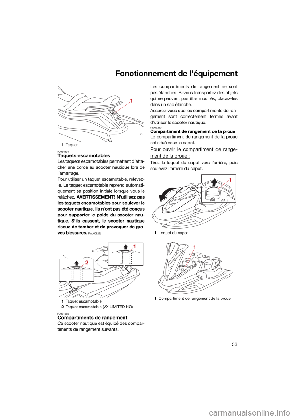 YAMAHA VX LIMITED HO 2022 Notices Demploi (in French) Fonctionnement de l’équipement
53
FJU34894Taquets escamotables
Les taquets escamotables permettent d’atta-
cher une corde au scooter nautique lors de
l’amarrage.
Pour utiliser un taquet escamot YAMAHA VX LIMITED HO 2022 Notices Demploi (in French) Fonctionnement de l’équipement
53
FJU34894Taquets escamotables
Les taquets escamotables permettent d’atta-
cher une corde au scooter nautique lors de
l’amarrage.
Pour utiliser un taquet escamot