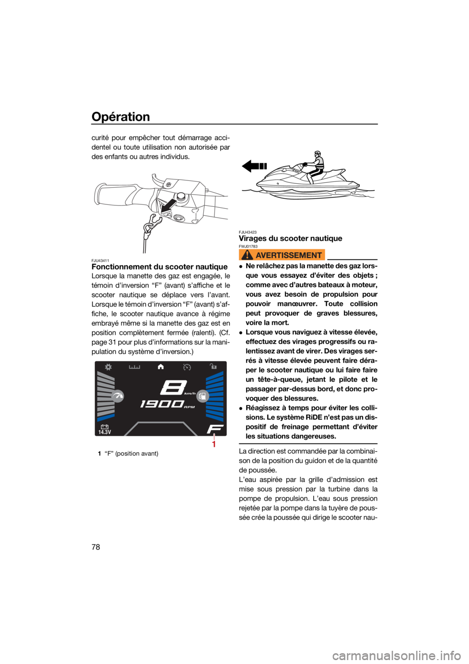 YAMAHA VX LIMITED HO 2022  Notices Demploi (in French) Opération
78
curité pour empêcher tout démarrage acci-
dentel ou toute utilisation non autorisée par
des enfants ou autres individus.
FJU43411Fonctionnement du scooter nautique
Lorsque la manette