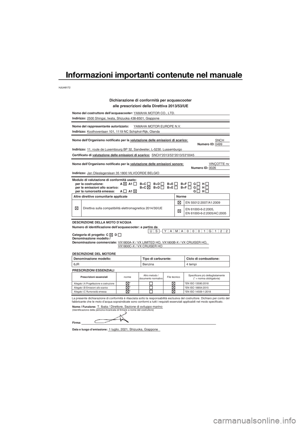 YAMAHA VX CRUISER HO 2022 Manuale duso (in Italian) Informazioni importanti contenute nel manuale
HJU46172
Dichiarazione di conformità per acquascooteralle prescrizioni della Direttiva 2013/53/UE
Nome del costruttore dell’acquascooter: YAMAHA MOTOR YAMAHA VX CRUISER HO 2022 Manuale duso (in Italian) Informazioni importanti contenute nel manuale
HJU46172
Dichiarazione di conformità per acquascooteralle prescrizioni della Direttiva 2013/53/UE
Nome del costruttore dell’acquascooter: YAMAHA MOTOR