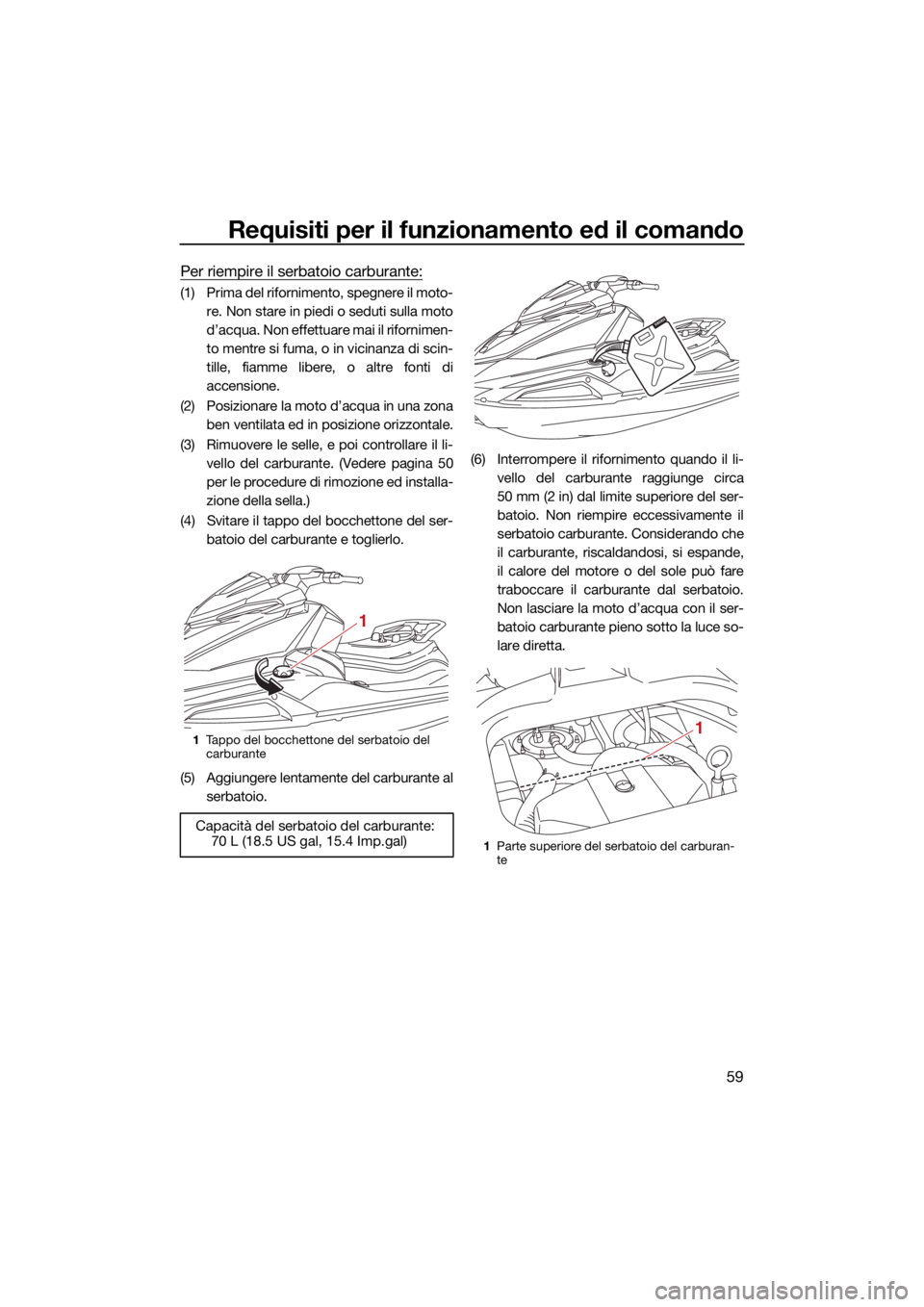 YAMAHA VX LIMITED HO 2022 Manuale duso (in Italian) Requisiti per il funzionamento ed il comando
59
Per riempire il serbatoio carburante:
(1) Prima del rifornimento, spegnere il moto-re. Non stare in piedi o seduti sulla moto
d’acqua. Non effettuare YAMAHA VX LIMITED HO 2022 Manuale duso (in Italian) Requisiti per il funzionamento ed il comando
59
Per riempire il serbatoio carburante:
(1) Prima del rifornimento, spegnere il moto-re. Non stare in piedi o seduti sulla moto
d’acqua. Non effettuare