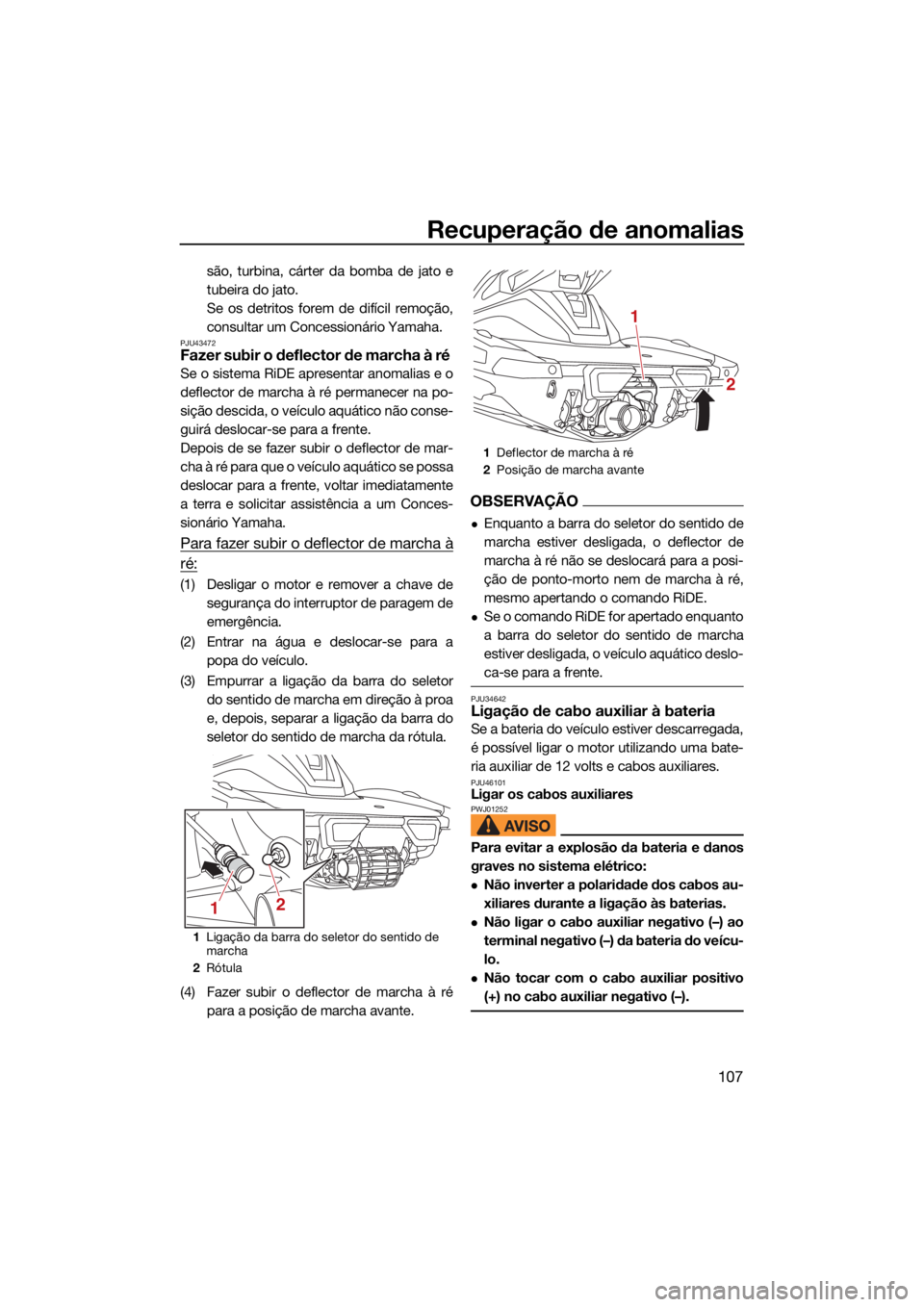 YAMAHA VX CRUISER HO 2022 Manual de utilização (in Portuguese) Recuperação de anomalias
107
são, turbina, cárter da bomba de jato e
tubeira do jato.
Se os detritos forem de difícil remoção,
consultar um Concessionário Yamaha.
PJU43472Fazer subir o deflect YAMAHA VX CRUISER HO 2022 Manual de utilização (in Portuguese) Recuperação de anomalias
107
são, turbina, cárter da bomba de jato e
tubeira do jato.
Se os detritos forem de difícil remoção,
consultar um Concessionário Yamaha.
PJU43472Fazer subir o deflect