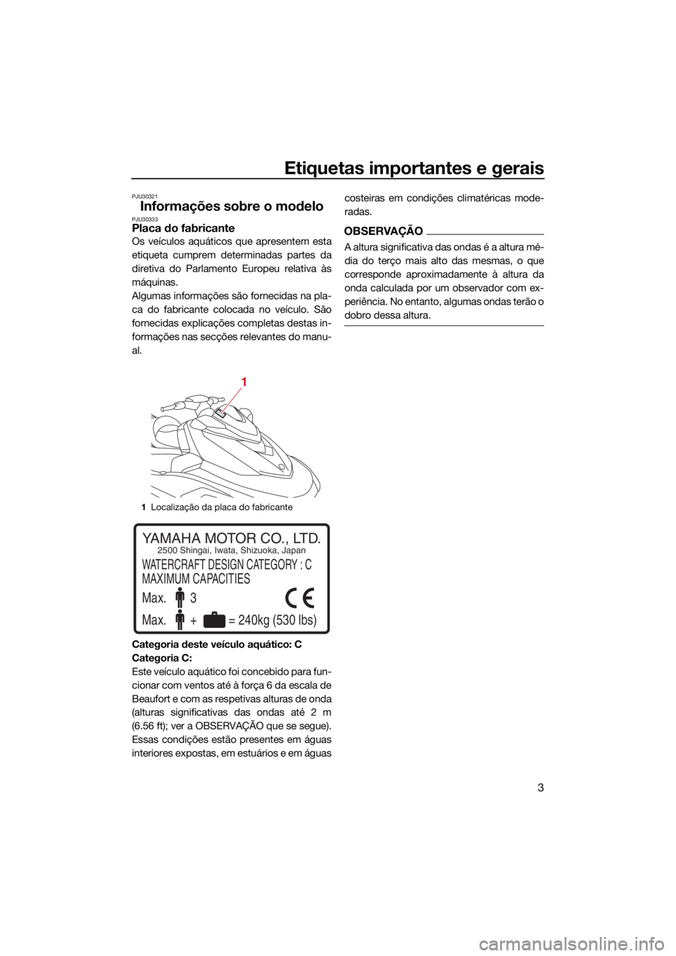 YAMAHA VX LIMITED HO 2022  Manual de utilização (in Portuguese) Etiquetas importantes e gerais
3
PJU30321
Informações sobre o modeloPJU30333Placa do fabricante
Os veículos aquáticos que apresentem esta
etiqueta cumprem determinadas partes da
diretiva do Parlam