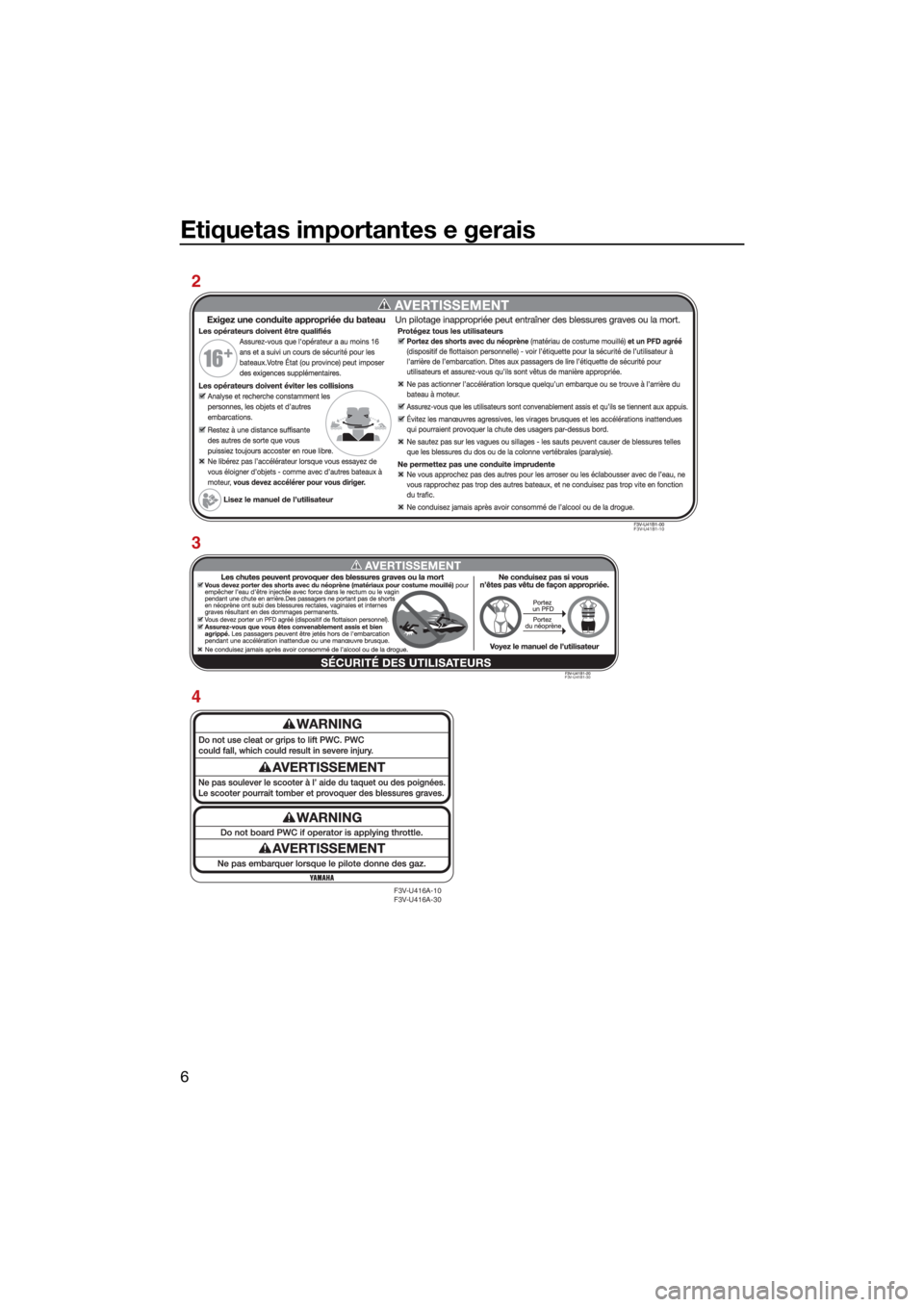 YAMAHA VX CRUISER HO 2022  Manual de utilização (in Portuguese) Etiquetas importantes e gerais
6
F3V-U416A-10
F3V-U416A-30
F3V-U41B1-10
F3V-U41B1-30
3
4 2
UF4S71P0.book  Page 6  Tuesday, August 3, 2021  1:51 PM 