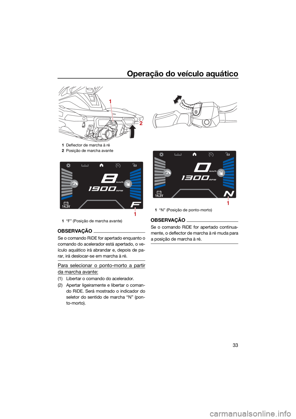 YAMAHA VX LIMITED HO 2022 Manual de utilização (in Portuguese) Operação do veículo aquático
33
OBSERVAÇÃO
Se o comando RiDE for apertado enquanto o
comando do acelerador está apertado, o ve-
ículo aquático irá abrandar e, depois de pa-
rar, irá desloca YAMAHA VX LIMITED HO 2022 Manual de utilização (in Portuguese) Operação do veículo aquático
33
OBSERVAÇÃO
Se o comando RiDE for apertado enquanto o
comando do acelerador está apertado, o ve-
ículo aquático irá abrandar e, depois de pa-
rar, irá desloca