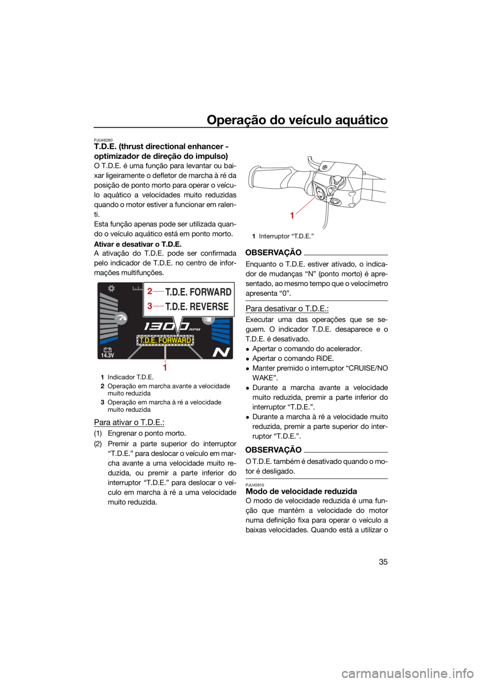 YAMAHA VX LIMITED HO 2022  Manual de utilização (in Portuguese) Operação do veículo aquático
35
PJU46280T.D.E. (thrust directional enhancer - 
optimizador de direção do impulso)
O T.D.E. é uma função para levantar ou bai-
xar ligeiramente o defletor de ma