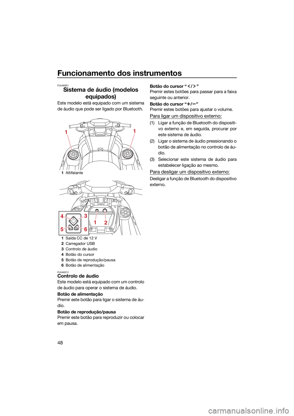 YAMAHA VX LIMITED HO 2022  Manual de utilização (in Portuguese) Funcionamento dos instrumentos
48
PJU46301
Sistema de áudio (modelos equipados)
Este modelo está equipado com um sistema
de áudio que pode ser ligado por Bluetooth.
PJU46312Controlo de áudio
Este 