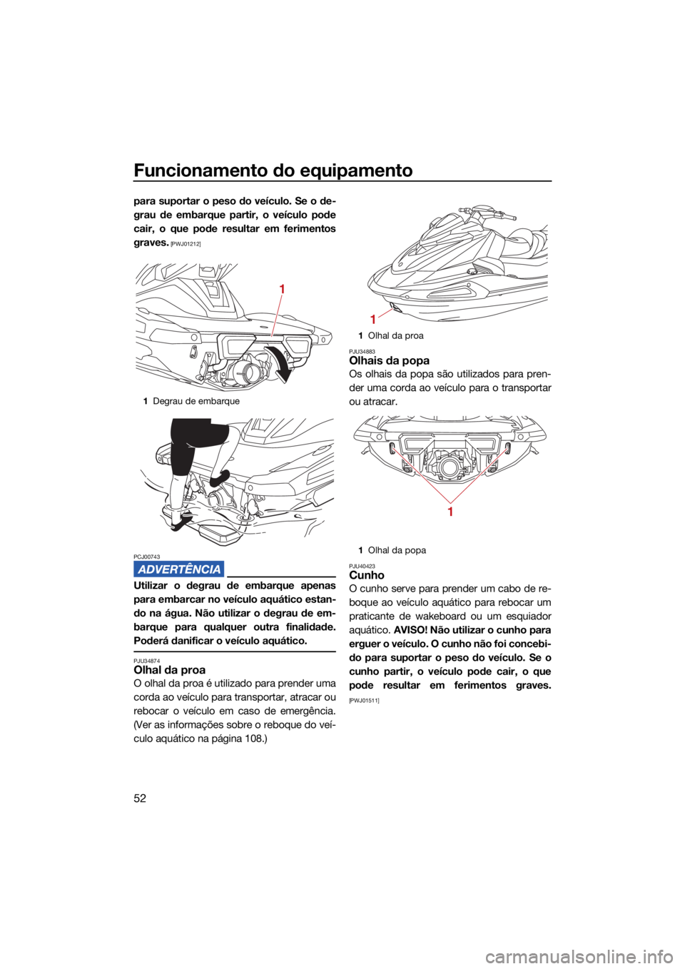 YAMAHA VX CRUISER HO 2022  Manual de utilização (in Portuguese) Funcionamento do equipamento
52
para suportar o peso do veículo. Se o de-
grau de embarque partir, o veículo pode
cair, o que pode resultar em ferimentos
graves.
 [PWJ01212]
PCJ00743
Utilizar o degr