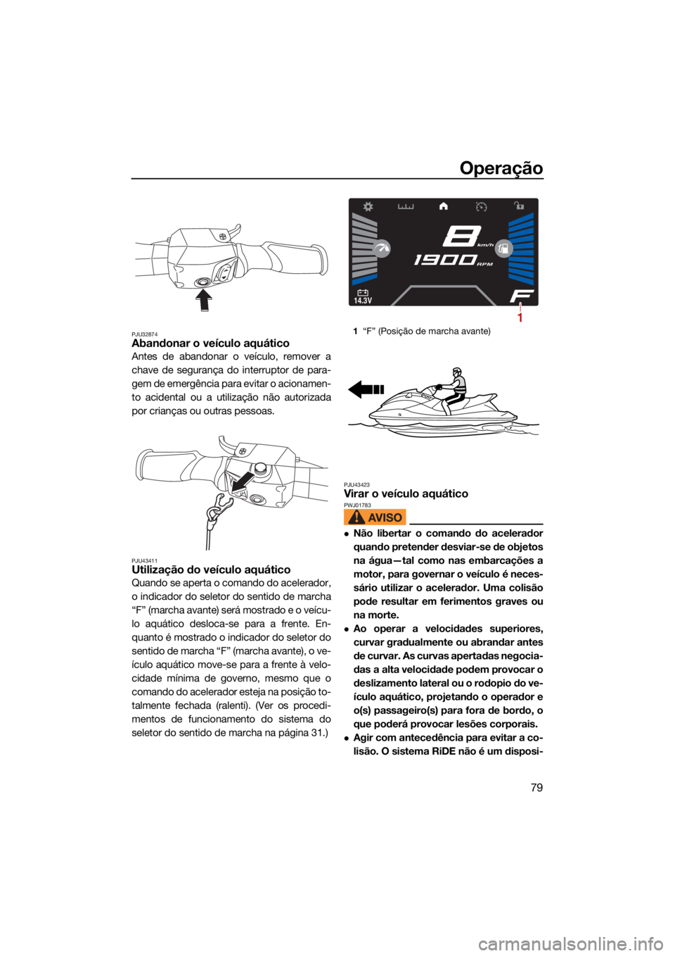 YAMAHA VX CRUISER HO 2022 Manual de utilização (in Portuguese) Operação
79
PJU32874Abandonar o veículo aquático
Antes de abandonar o veículo, remover a
chave de segurança do interruptor de para-
gem de emergência para evitar o acionamen-
to acidental ou a YAMAHA VX CRUISER HO 2022 Manual de utilização (in Portuguese) Operação
79
PJU32874Abandonar o veículo aquático
Antes de abandonar o veículo, remover a
chave de segurança do interruptor de para-
gem de emergência para evitar o acionamen-
to acidental ou a