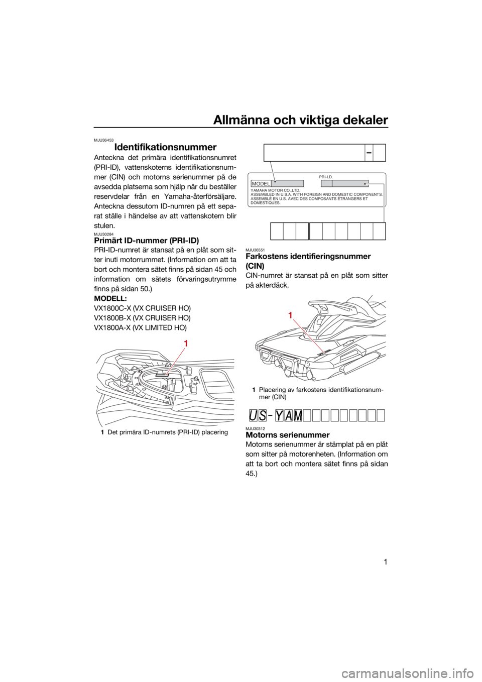 YAMAHA VX LIMITED HO 2022 Bruksanvisningar (in Swedish) Allmänna och viktiga dekaler
1
MJU36453
Identifikationsnummer
Anteckna det primära identifikationsnumret
(PRI-ID), vattenskoterns identifikationsnum-
mer (CIN) och motorns serienummer på de
avsedda YAMAHA VX LIMITED HO 2022 Bruksanvisningar (in Swedish) Allmänna och viktiga dekaler
1
MJU36453
Identifikationsnummer
Anteckna det primära identifikationsnumret
(PRI-ID), vattenskoterns identifikationsnum-
mer (CIN) och motorns serienummer på de
avsedda