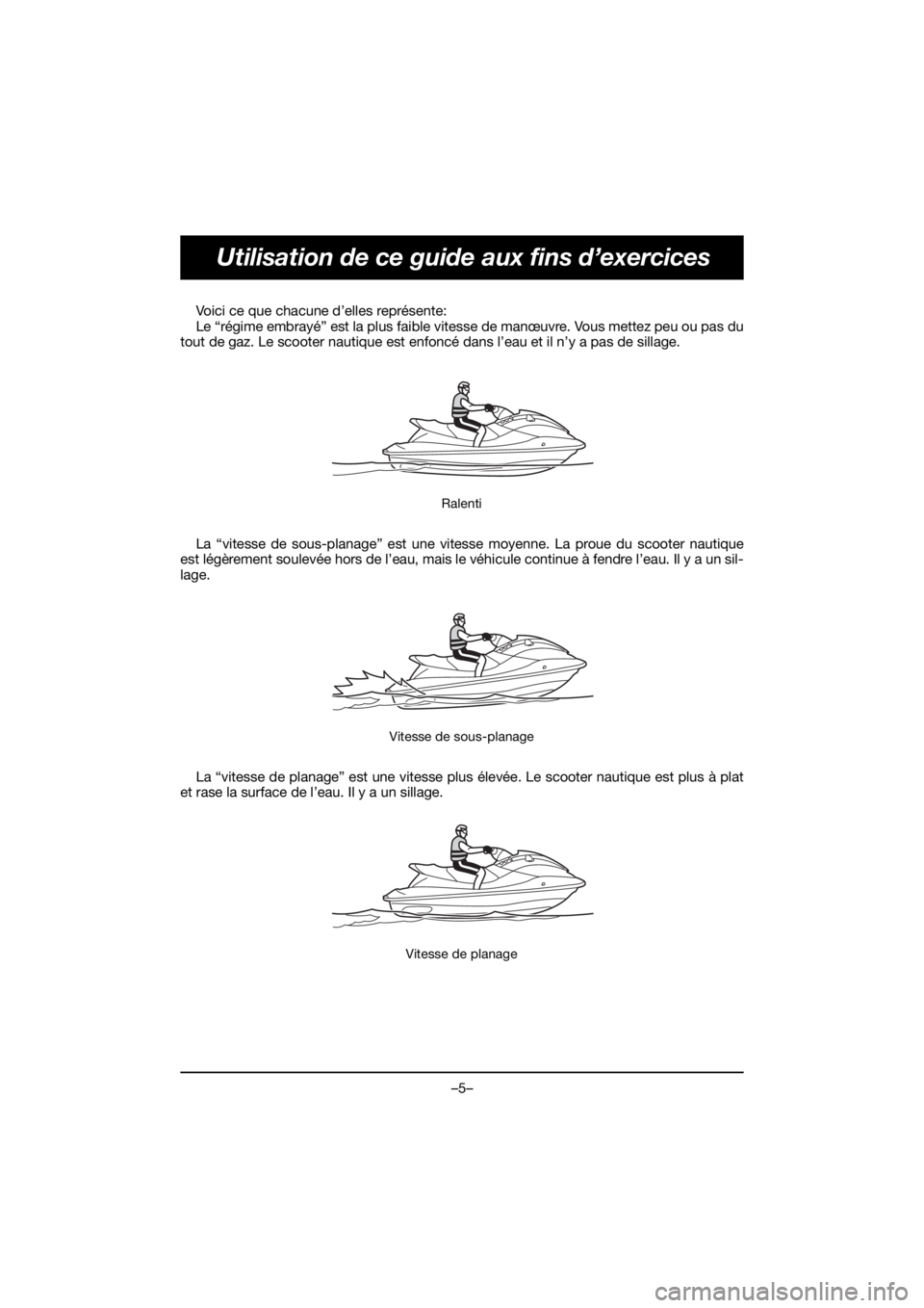YAMAHA VX CRUISER HO 2021 Manual de utilização (in Portuguese) –5–
Utilisation de ce guide aux fins d’exercices
Voici ce que chacune d’elles représente:
Le “régime embrayé” est la plus faible vitesse de manœuvre. Vous mettez peu ou pas du
tout de YAMAHA VX CRUISER HO 2021 Manual de utilização (in Portuguese) –5–
Utilisation de ce guide aux fins d’exercices
Voici ce que chacune d’elles représente:
Le “régime embrayé” est la plus faible vitesse de manœuvre. Vous mettez peu ou pas du
tout de