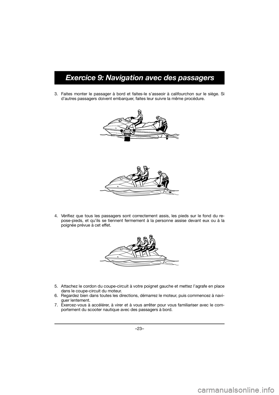 YAMAHA VX LIMITED HO 2021  Betriebsanleitungen (in German) –23–
Exercice 9: Navigation avec des passagers
3. Faites monter le passager à bord et faites-le s’asseoir à califourchon sur le siège. Sid’autres passagers doivent embarquer, faites leur su