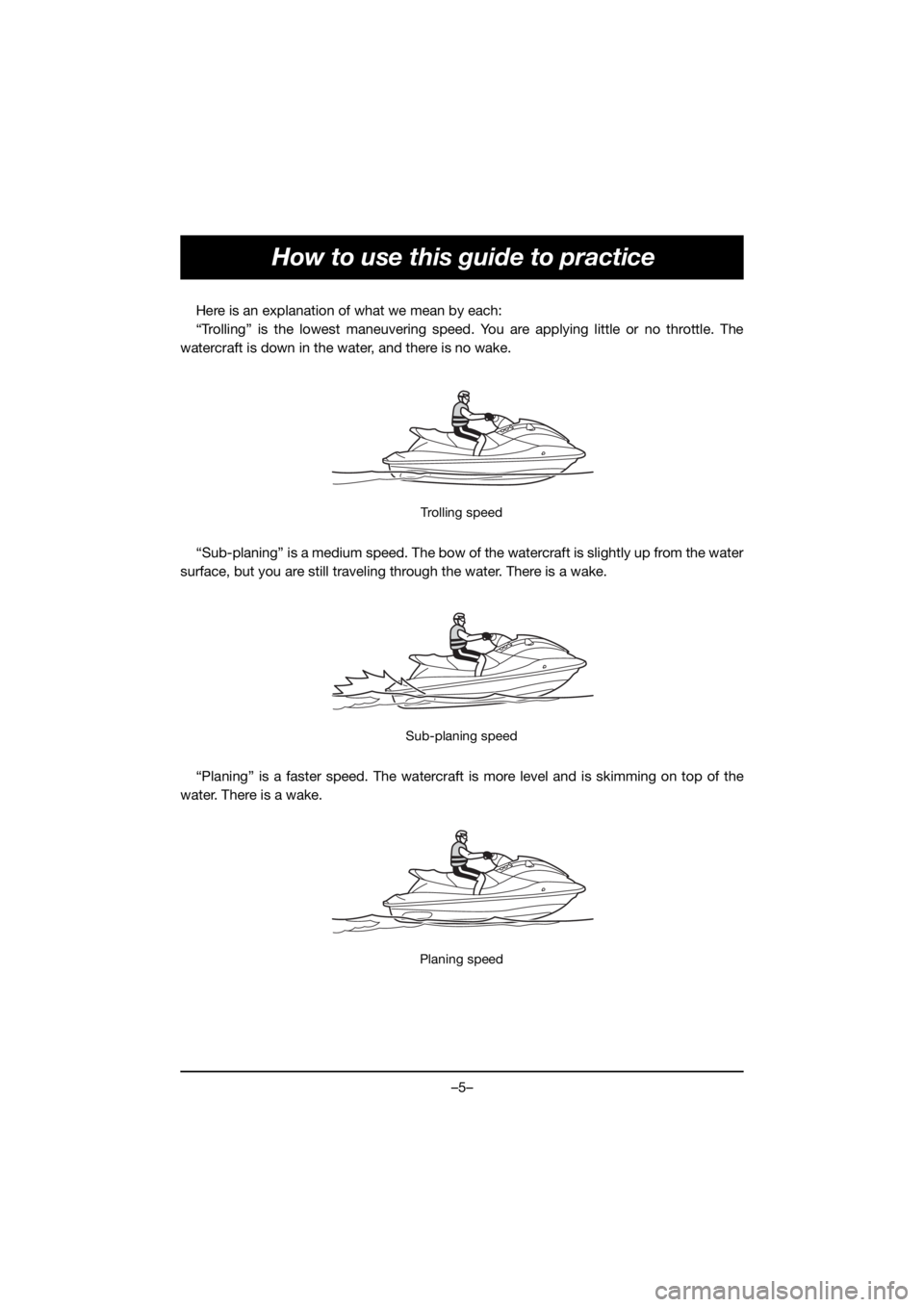 YAMAHA VX CRUISER HO 2021 Manual de utilização (in Portuguese) –5–
How to use this guide to practice
Here is an explanation of what we mean by each:
“Trolling” is the lowest maneuvering speed. You are applying little or no throttle. The
watercraft is down YAMAHA VX CRUISER HO 2021 Manual de utilização (in Portuguese) –5–
How to use this guide to practice
Here is an explanation of what we mean by each:
“Trolling” is the lowest maneuvering speed. You are applying little or no throttle. The
watercraft is down