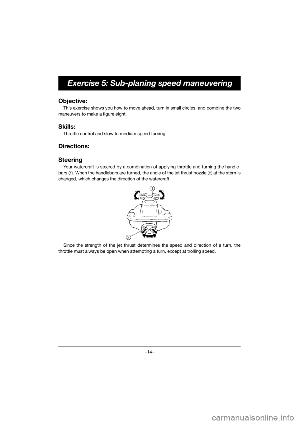 YAMAHA VX CRUISER HO 2020 User Guide –14–
Exercise 5: Sub-planing speed maneuvering
Objective:
This exercise shows you how to move ahead, turn in small circles, and combine the two
maneuvers to make a figure eight. 
Skills:
Throttle 