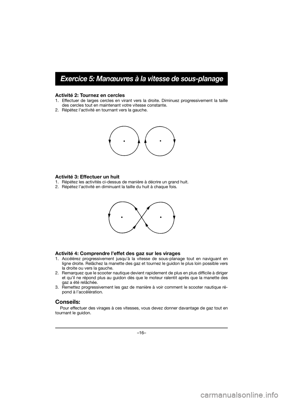 YAMAHA VX CRUISER HO 2020 Service Manual –16–
Exercice 5: Manœuvres à la vitesse de sous-planage
Activité 2: Tournez en cercles
1. Effectuer de larges cercles en virant vers la droite. Diminuez progressivement la taille
des cercles t YAMAHA VX CRUISER HO 2020 Service Manual –16–
Exercice 5: Manœuvres à la vitesse de sous-planage
Activité 2: Tournez en cercles
1. Effectuer de larges cercles en virant vers la droite. Diminuez progressivement la taille
des cercles t