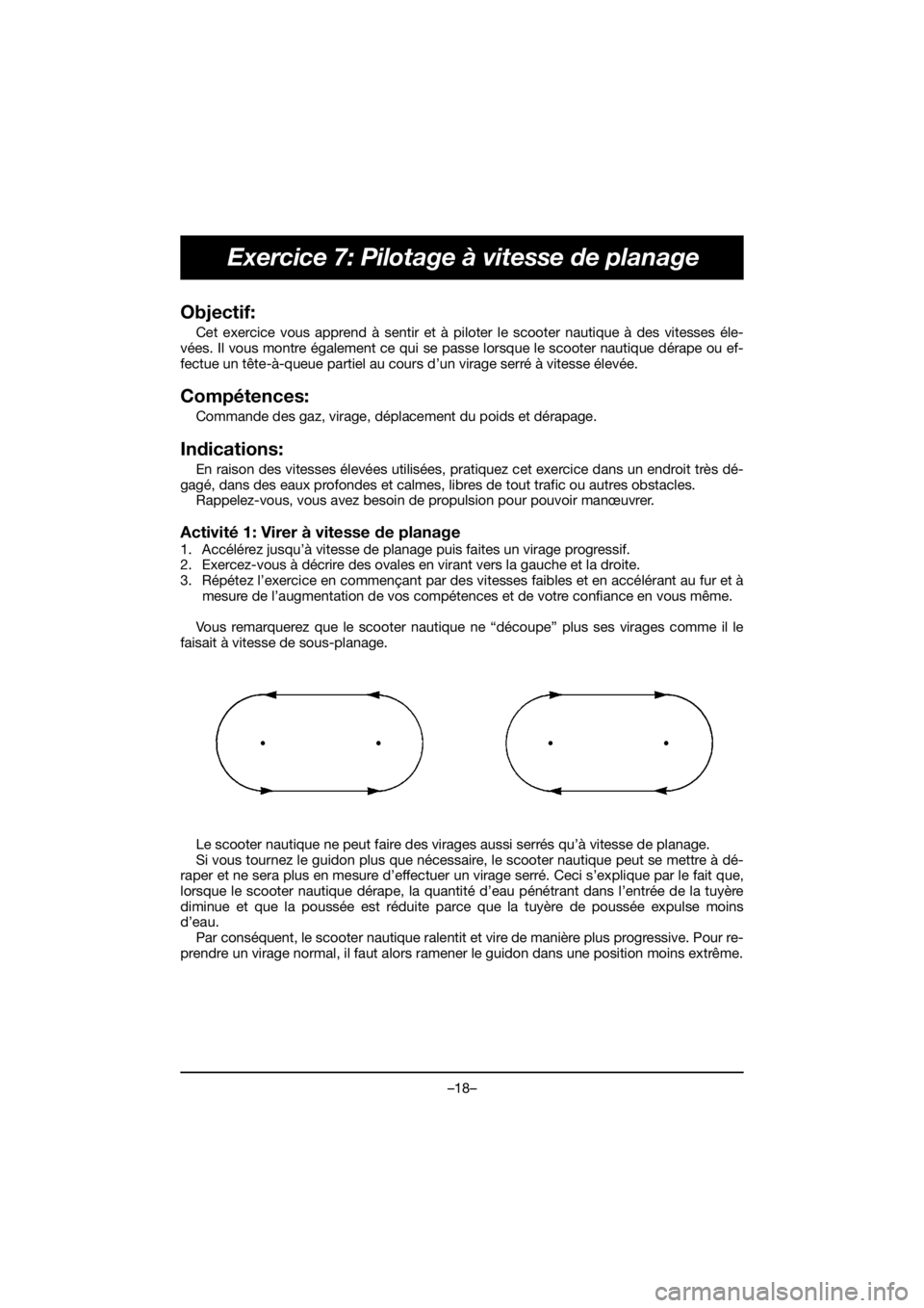 YAMAHA VX CRUISER HO 2020 Service Manual –18–
Exercice 7: Pilotage à vitesse de planage
Objectif:
Cet exercice vous apprend à sentir et à piloter le scooter nautique à des vitesses éle-
vées. Il vous montre également ce qui se pa YAMAHA VX CRUISER HO 2020 Service Manual –18–
Exercice 7: Pilotage à vitesse de planage
Objectif:
Cet exercice vous apprend à sentir et à piloter le scooter nautique à des vitesses éle-
vées. Il vous montre également ce qui se pa