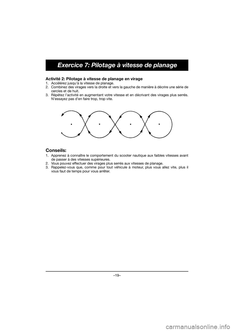 YAMAHA VX CRUISER HO 2020 Service Manual –19–
Exercice 7: Pilotage à vitesse de planage
Activité 2: Pilotage à vitesse de planage en virage
1. Accélérez jusqu’à la vitesse de planage.
2. Combinez des virages vers la droite et v YAMAHA VX CRUISER HO 2020 Service Manual –19–
Exercice 7: Pilotage à vitesse de planage
Activité 2: Pilotage à vitesse de planage en virage
1. Accélérez jusqu’à la vitesse de planage.
2. Combinez des virages vers la droite et v
