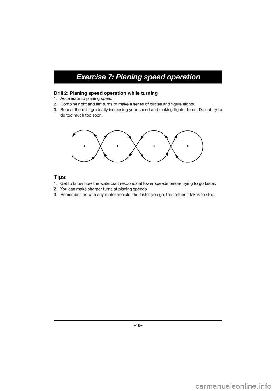 YAMAHA VX CRUISER HO 2019 Manuale duso (in Italian) –18–
Exercise 7: Planing speed operation
Drill 2: Planing speed operation while turning
1. Accelerate to planing speed.
2. Combine right and left turns to make a series of circles and figure eigh YAMAHA VX CRUISER HO 2019 Manuale duso (in Italian) –18–
Exercise 7: Planing speed operation
Drill 2: Planing speed operation while turning
1. Accelerate to planing speed.
2. Combine right and left turns to make a series of circles and figure eigh