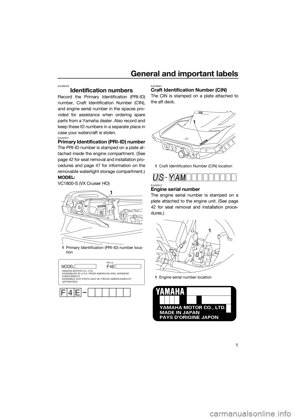 YAMAHA VX CRUISER HO 2017 Owners Manual General and important labels
1
EJU36452
Identification numbers
Record the Primary Identification (PRI-ID)
number, Craft Identification Number (CIN),
and engine serial number in the spaces pro-
vided f YAMAHA VX CRUISER HO 2017 Owners Manual General and important labels
1
EJU36452
Identification numbers
Record the Primary Identification (PRI-ID)
number, Craft Identification Number (CIN),
and engine serial number in the spaces pro-
vided f