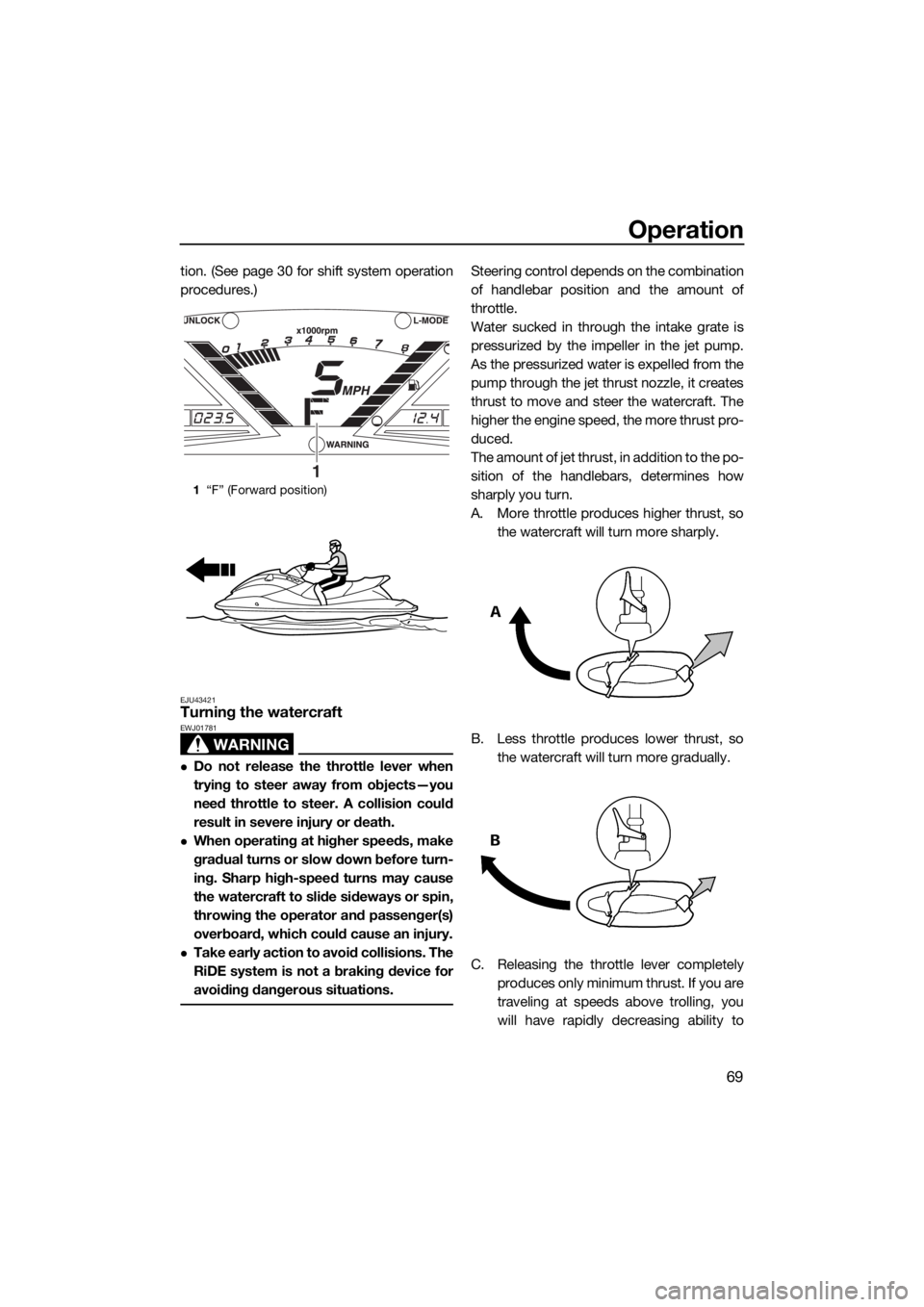 YAMAHA VX CRUISER HO 2017 Manual PDF Operation
69
tion. (See page 30 for shift system operation
procedures.)
EJU43421Turning the watercraft
WARNING
EWJ01781
Do not release the throttle lever when
trying to steer away from objects—yo YAMAHA VX CRUISER HO 2017 Manual PDF Operation
69
tion. (See page 30 for shift system operation
procedures.)
EJU43421Turning the watercraft
WARNING
EWJ01781
Do not release the throttle lever when
trying to steer away from objects—yo