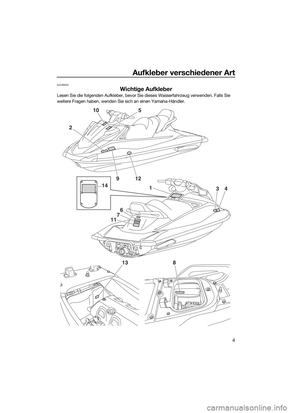 YAMAHA VX CRUISER HO 2017 Betriebsanleitungen (in German) Aufkleber verschiedener Art
4
GJU30453
Wichtige Aufkleber
Lesen Sie die folgenden Aufkleber, bevor Sie dieses Wasserfahrzeug verwenden. Falls Sie
weitere Fragen haben, wenden Sie sich an einen Yamaha YAMAHA VX CRUISER HO 2017 Betriebsanleitungen (in German) Aufkleber verschiedener Art
4
GJU30453
Wichtige Aufkleber
Lesen Sie die folgenden Aufkleber, bevor Sie dieses Wasserfahrzeug verwenden. Falls Sie
weitere Fragen haben, wenden Sie sich an einen Yamaha