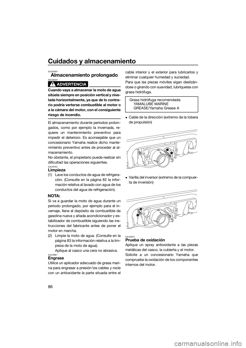 YAMAHA VX CRUISER HO 2017 Manuale de Empleo (in Spanish) Cuidados y almacenamiento
86
SJU33493
Almacenamiento prolongado
ADVERTENCIA
SWJ00331
Cuando vaya a almacenar la moto de agua
sitúela siempre en posición vertical y nive-
lada horizontalmente, ya que YAMAHA VX CRUISER HO 2017 Manuale de Empleo (in Spanish) Cuidados y almacenamiento
86
SJU33493
Almacenamiento prolongado
ADVERTENCIA
SWJ00331
Cuando vaya a almacenar la moto de agua
sitúela siempre en posición vertical y nive-
lada horizontalmente, ya que