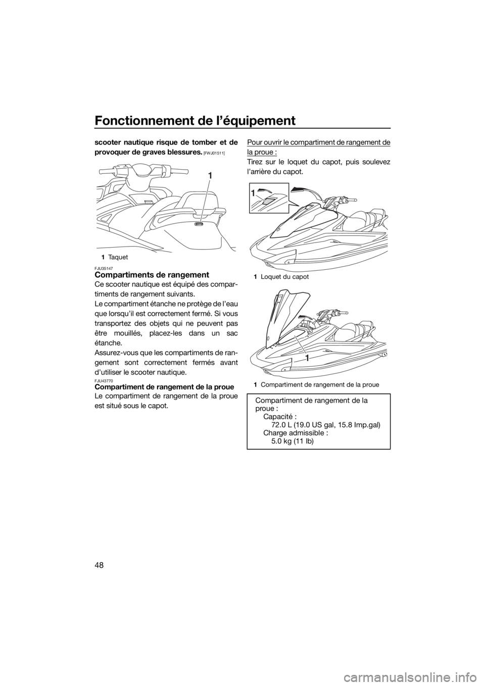 YAMAHA VX CRUISER HO 2017  Notices Demploi (in French) Fonctionnement de l’équipement
48
scooter nautique risque de tomber et de
provoquer de graves blessures.
 [FWJ01511]
FJU35147
Compartiments de rangement
Ce scooter nautique est équipé des compar-