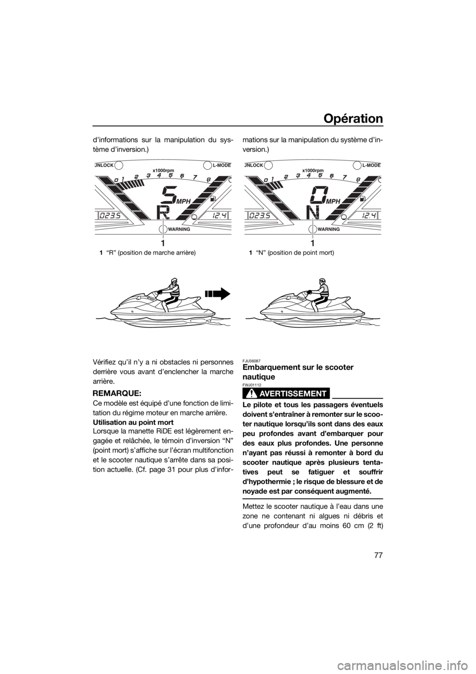 YAMAHA VX CRUISER HO 2017 Notices Demploi (in French) Opération
77
d’informations sur la manipulation du sys-
tème d’inversion.)
Vérifiez qu’il n’y a ni obstacles ni personnes
derrière vous avant d’enclencher la marche
arrière.
REMARQUE:
C YAMAHA VX CRUISER HO 2017 Notices Demploi (in French) Opération
77
d’informations sur la manipulation du sys-
tème d’inversion.)
Vérifiez qu’il n’y a ni obstacles ni personnes
derrière vous avant d’enclencher la marche
arrière.
REMARQUE:
C